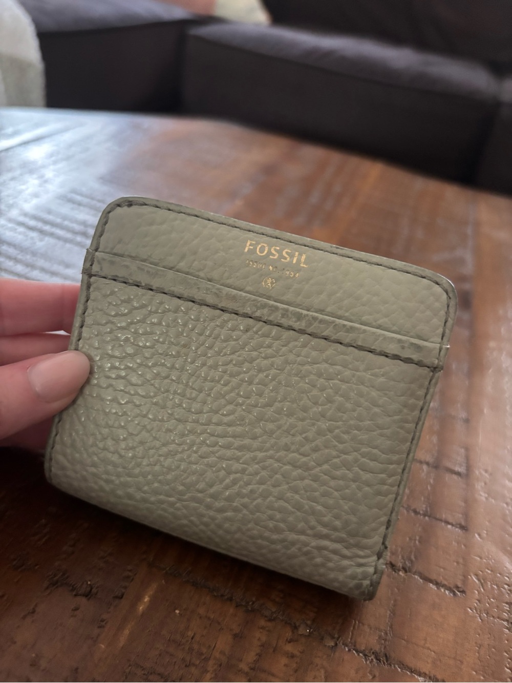 Fossil Pebbled Leather Card Wallet in Light Sage Green with Gold Logo